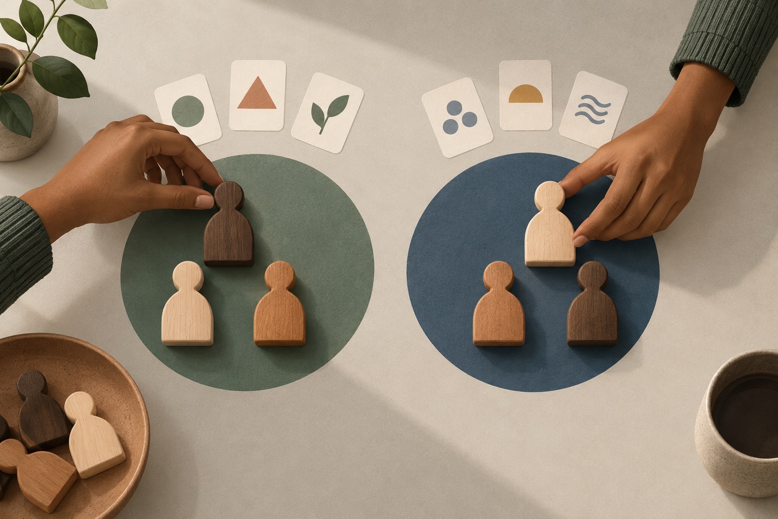 Hands arranging wooden people figures into two balanced teams