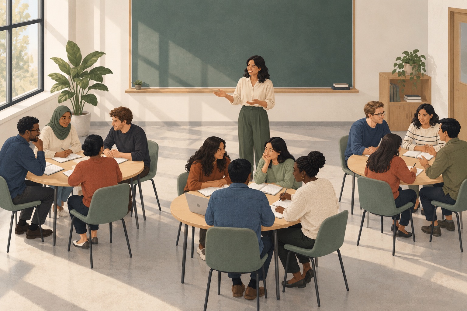 A teacher guiding three equally sized classroom groups