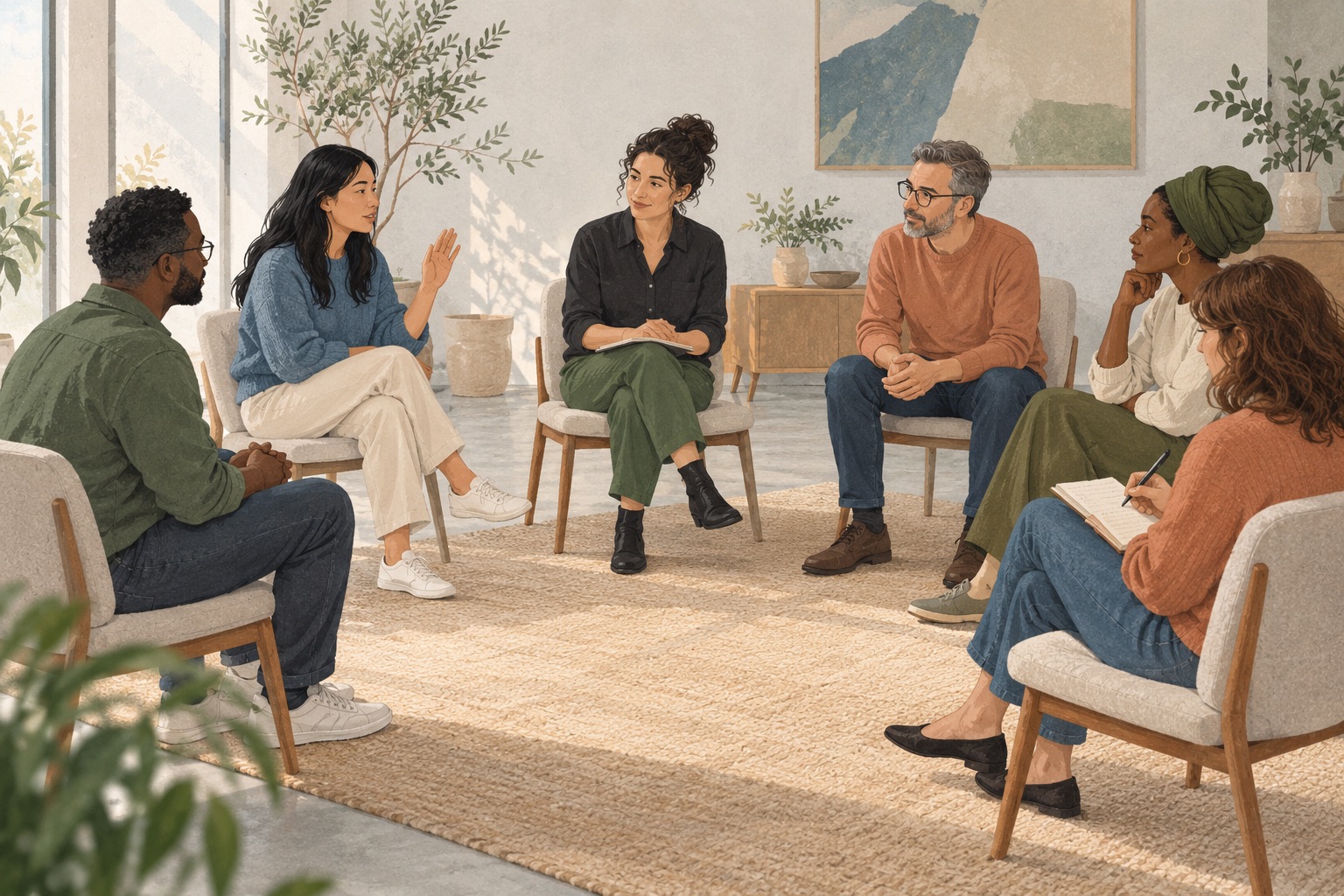 A supportive discussion circle with one participant raising a hand
