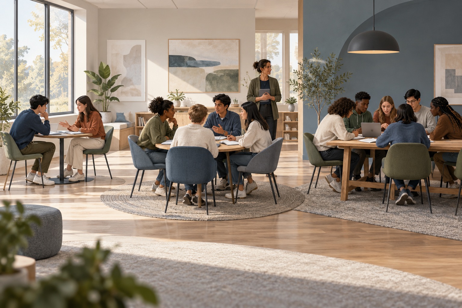 A pair, a medium group, and a larger group working in the same learning studio