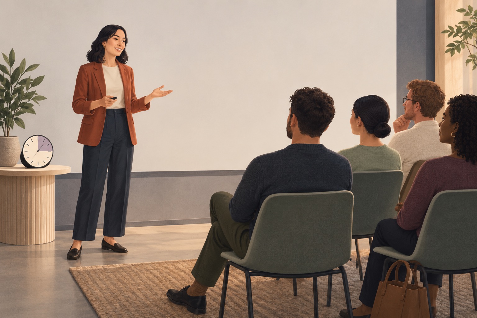 A speaker presenting calmly beside a timer while an audience listens