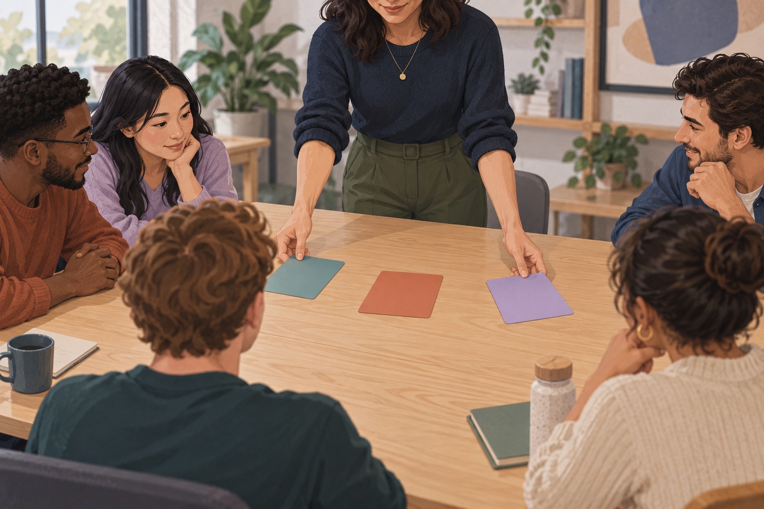 A facilitator distributing three blank topic cards to a workshop group